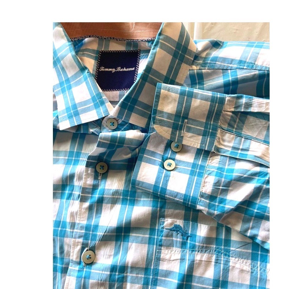 Tommy Bahama Turquoise/ White Plaid Button Down Shirt Long Sleeve Dress Shirt-L